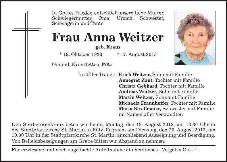 Traueranzeige Anna Weitzer