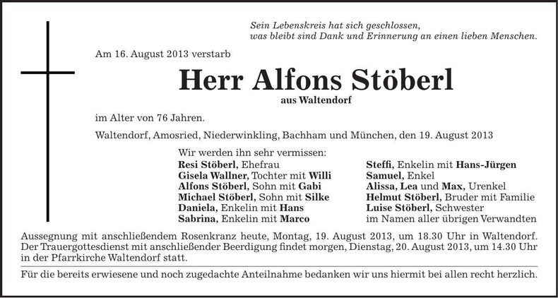 Traueranzeige Alfons Stöberl