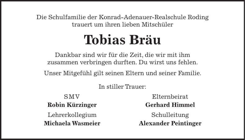Traueranzeige Tobias Bräu