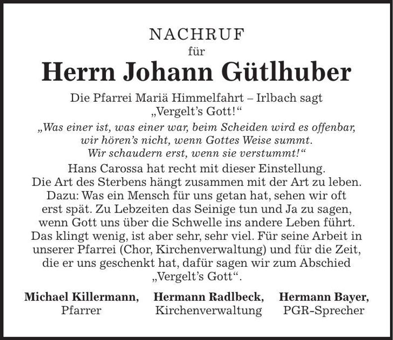 Traueranzeige Johann Gütlhuber