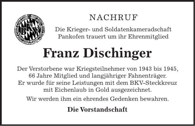 Traueranzeige Franz Dischinger