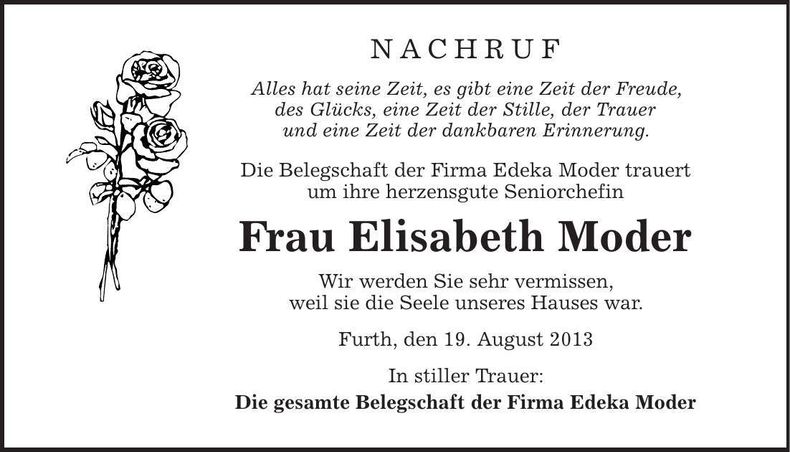 Traueranzeige Elisabeth Moder