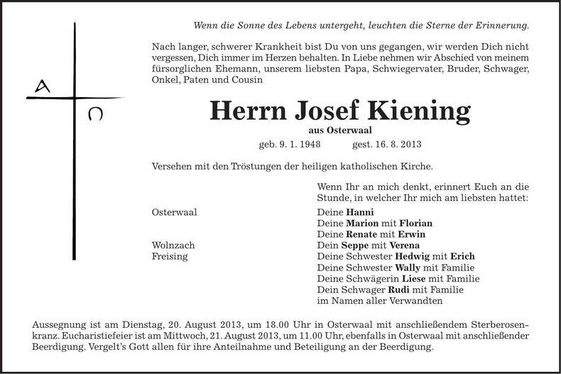 Traueranzeige Josef Kiening