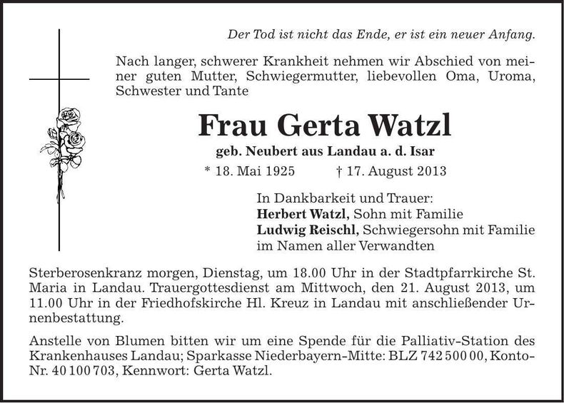 Traueranzeige Gerta Watzl
