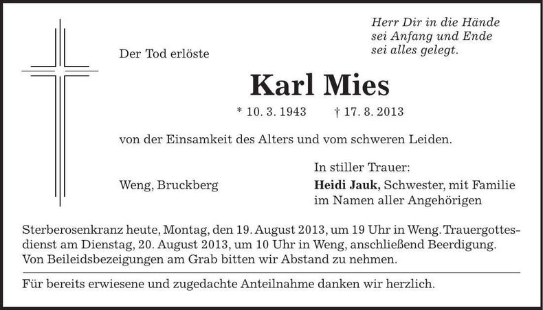Traueranzeige Karl Mies