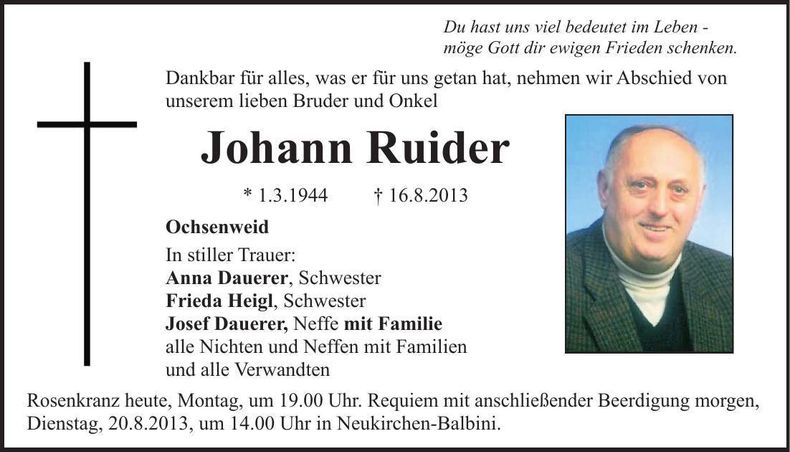 Traueranzeige Johann Ruider