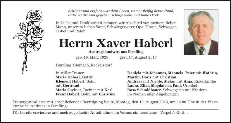 Traueranzeige Xaver Haberl