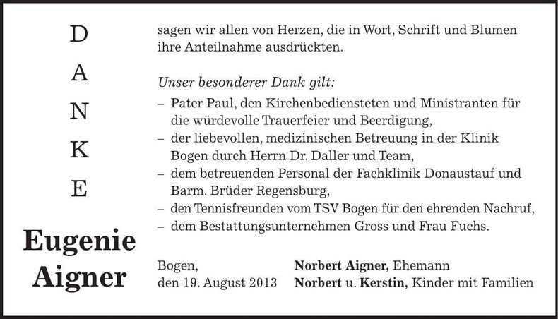 Traueranzeige Eugenie Aigner