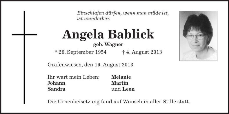 Traueranzeige Angela Bablick