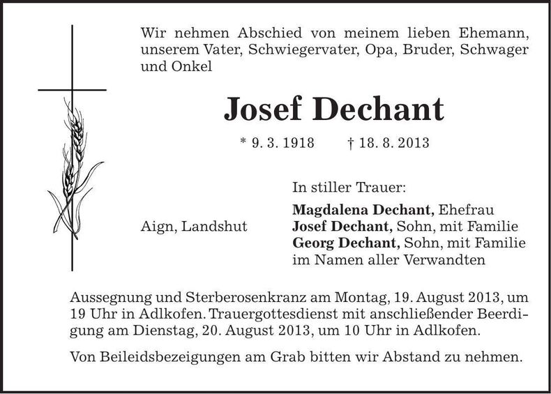 Traueranzeige Josef Dechant