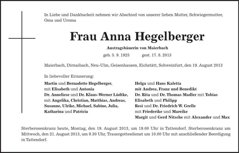 Traueranzeige Anna Hegelberger