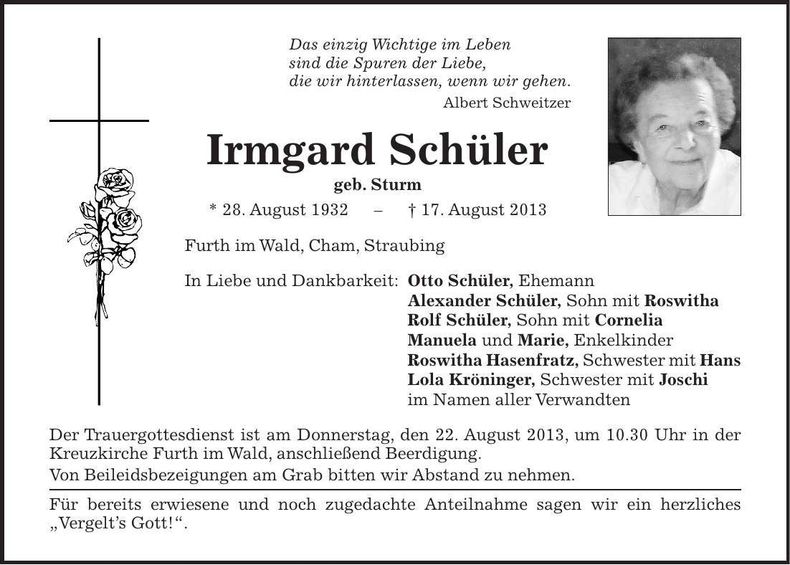 Traueranzeige Irmgard Schüler