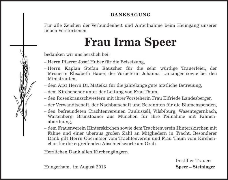 Traueranzeige Irma Speer