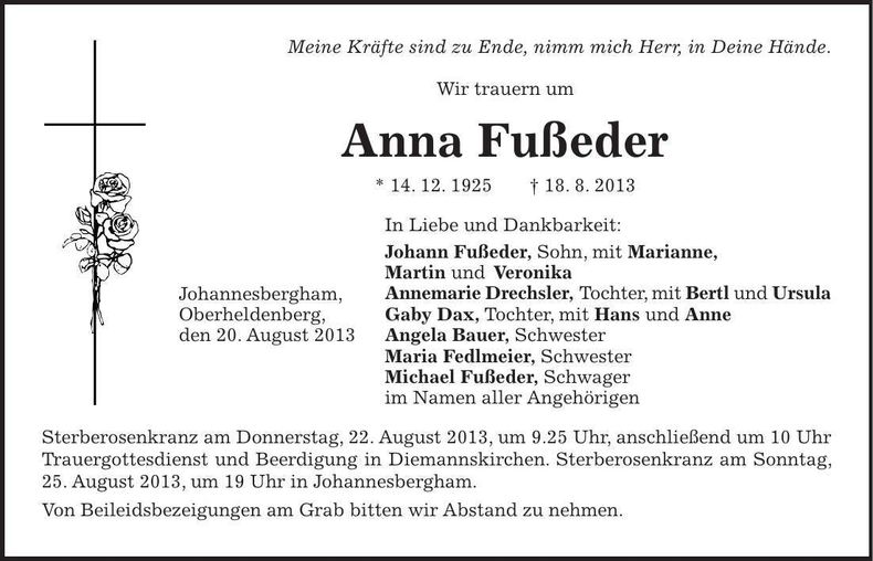 Traueranzeige Anna Fußeder