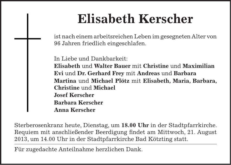 Traueranzeige Elisabeth Kerscher