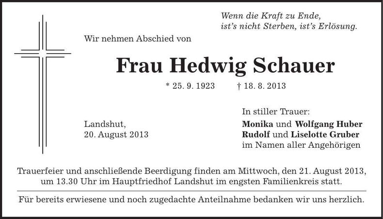 Traueranzeige Hedwig Schauer
