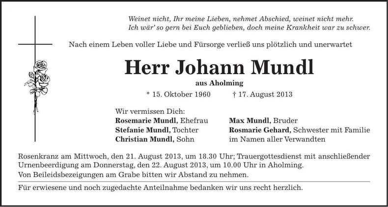 Traueranzeige Johann Mundl