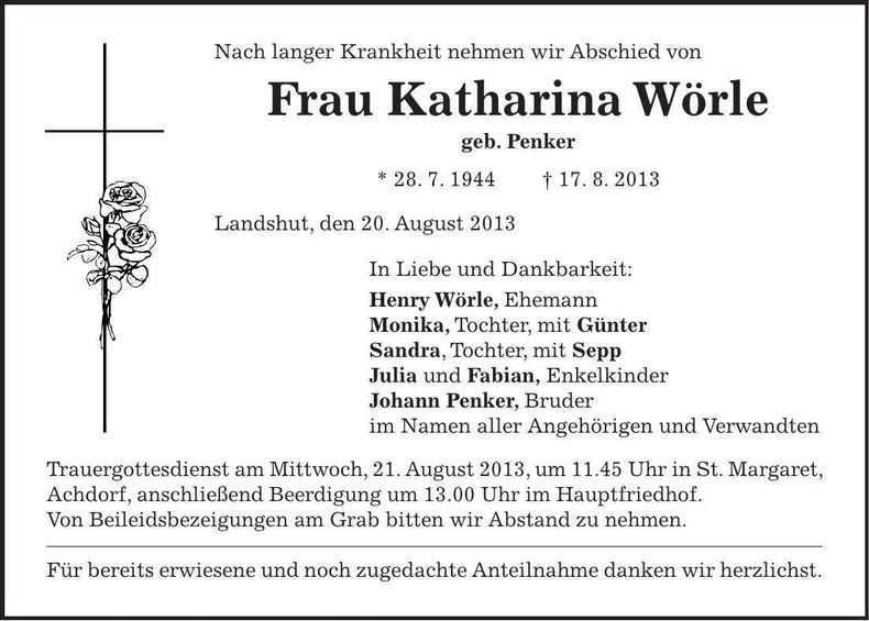 Traueranzeige Katharina Wörle
