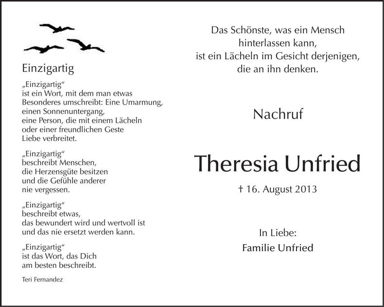 Traueranzeige Theresia Unfried