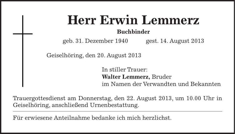 Traueranzeige Erwin Lemmerz