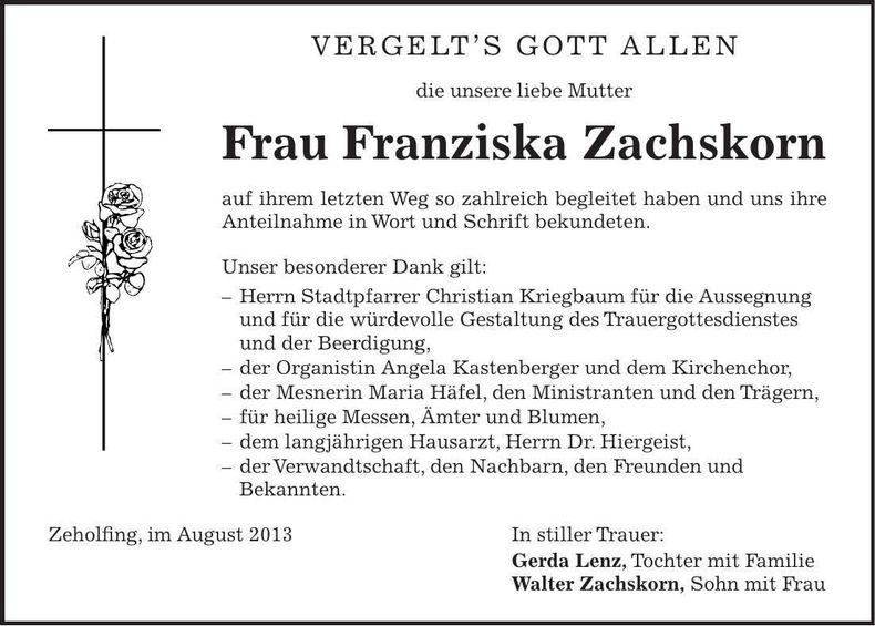 Traueranzeige Franziska Zachskorn