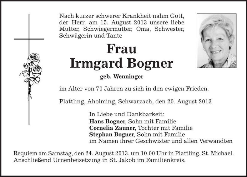 Traueranzeige Irmgard Bogner