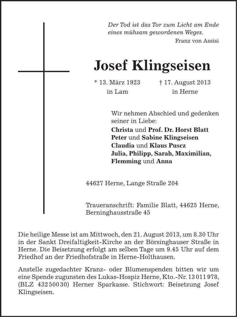 Traueranzeige Josef Klingseisen