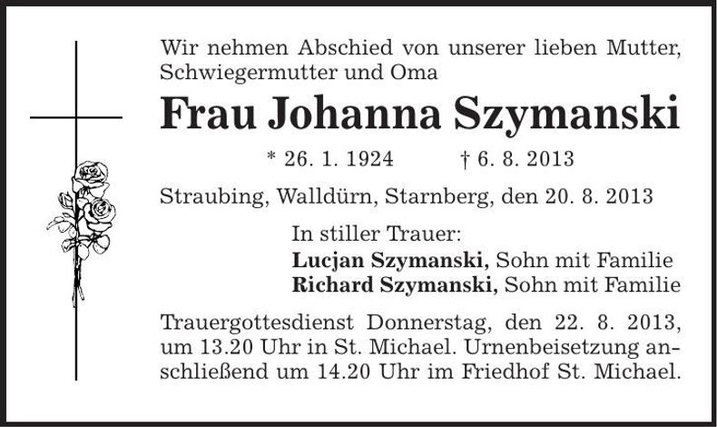 Traueranzeige Johanna Szymanski