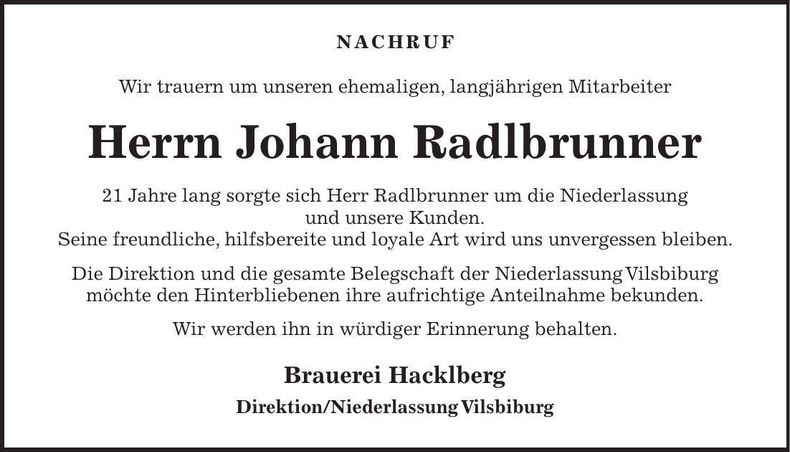 Traueranzeige Johann Radlbrunner