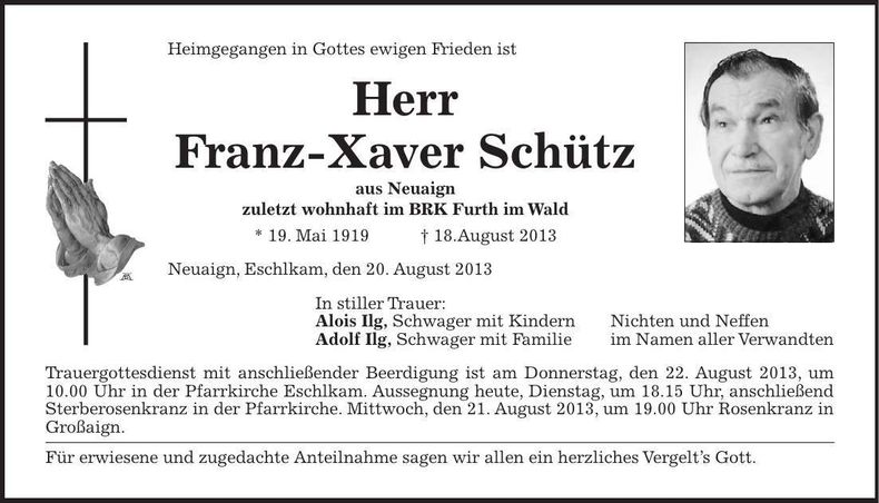 Traueranzeige Franz-Xaver Schütz