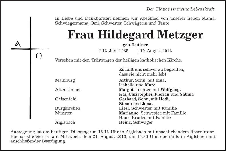 Traueranzeige Hildegard Metzger