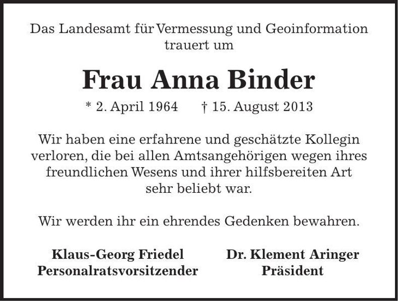 Traueranzeige Anna Binder