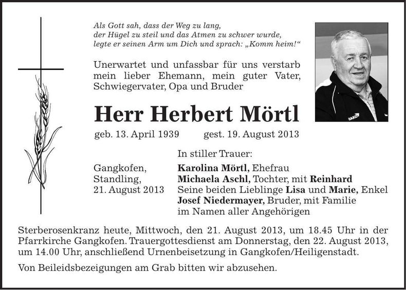 Traueranzeige Herbert Mörtl