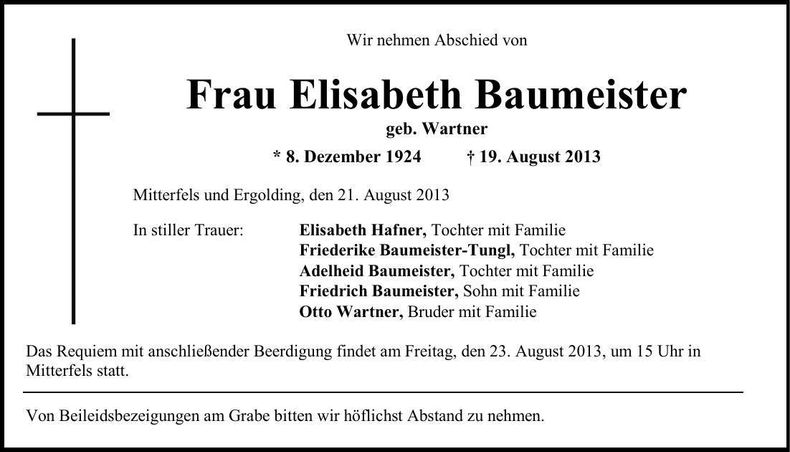 Traueranzeige Elisabeth Baumeister