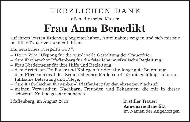 Traueranzeige Anna Benedikt