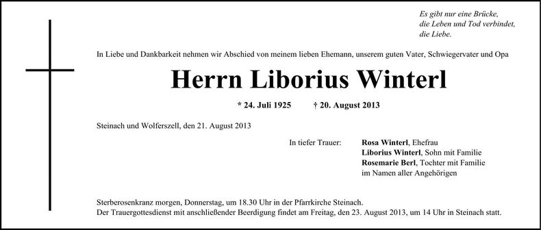 Traueranzeige Liborius Winterl