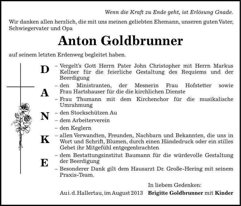 Traueranzeige Anton Goldbrunner