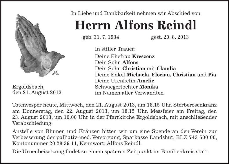 Traueranzeige Alfons Reindl
