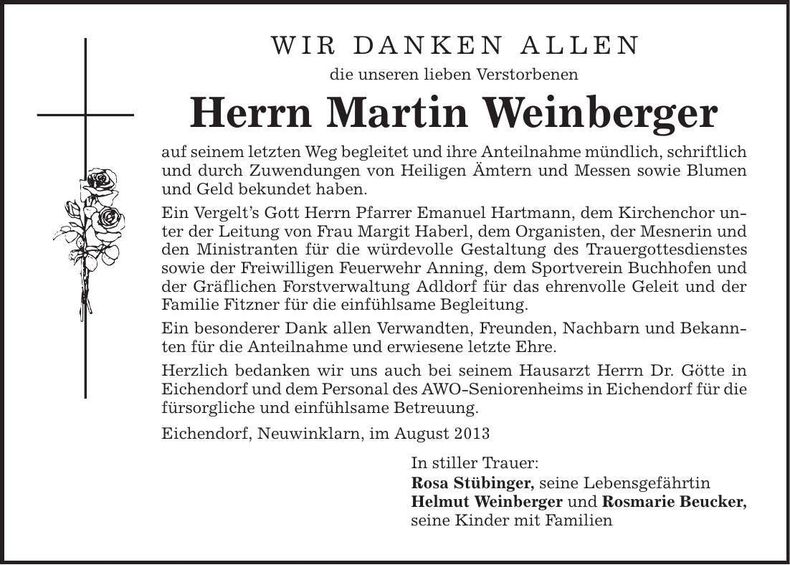 Traueranzeige Martin Weinberger