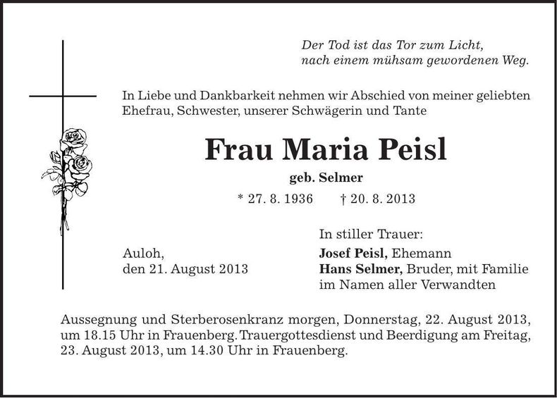 Traueranzeige Maria Peisl