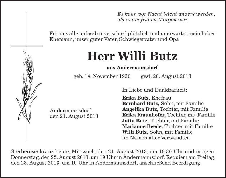 Traueranzeige Willi Butz