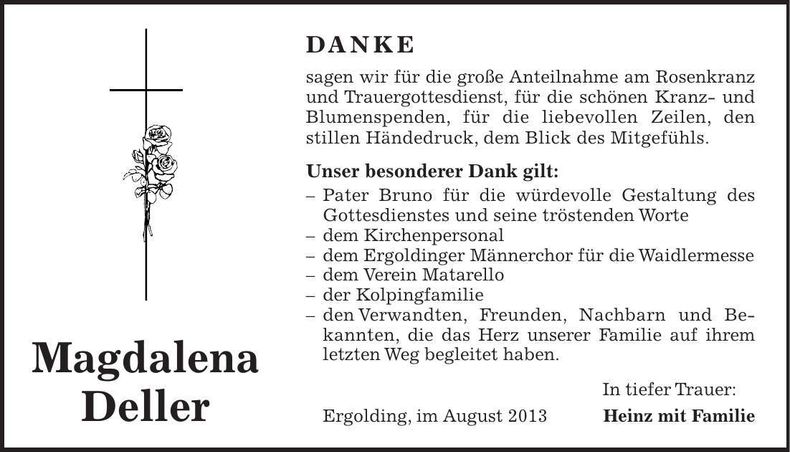 Traueranzeige Magdalena Deller