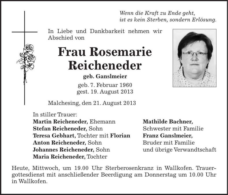 Traueranzeige Rosemarie Reicheneder