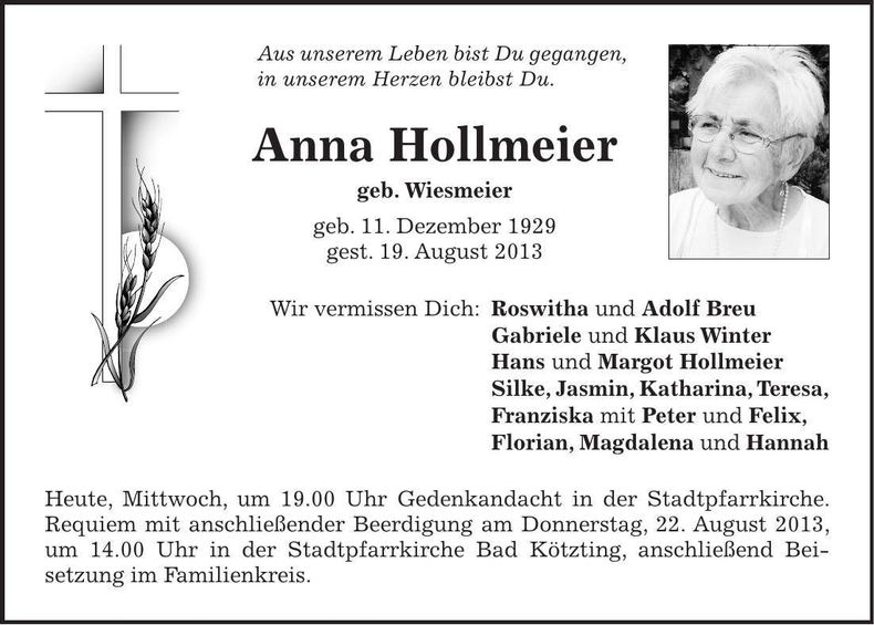 Traueranzeige Anna Hollmeier