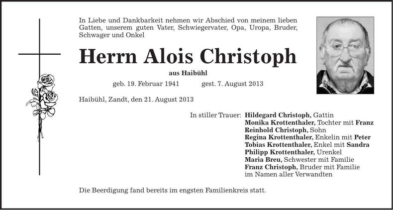 Traueranzeige Alois Christoph