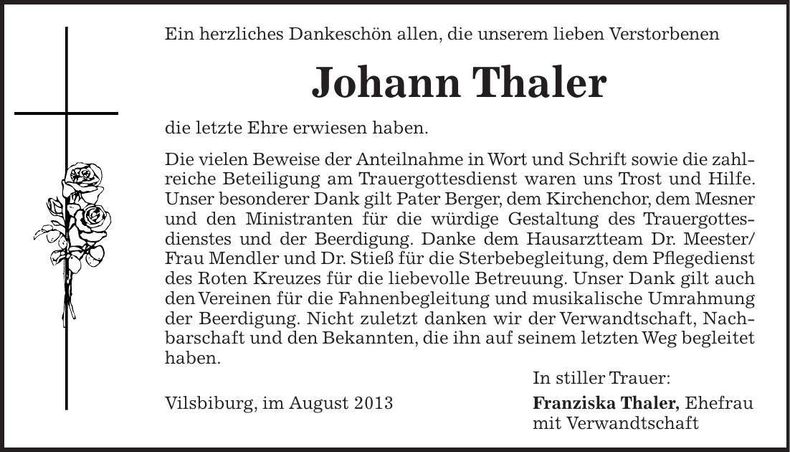 Traueranzeige Johann Thaler