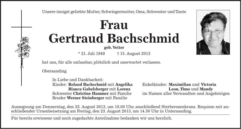 Traueranzeige Gertraud Bachschmid