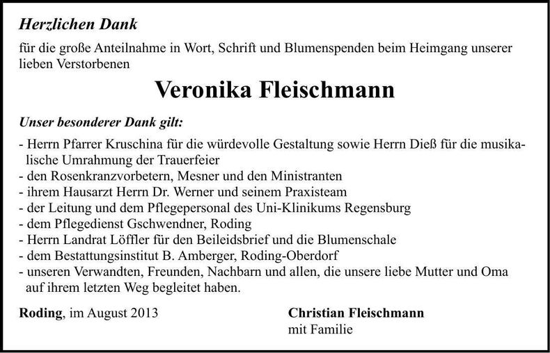 Traueranzeige Veronika Fleischmann
