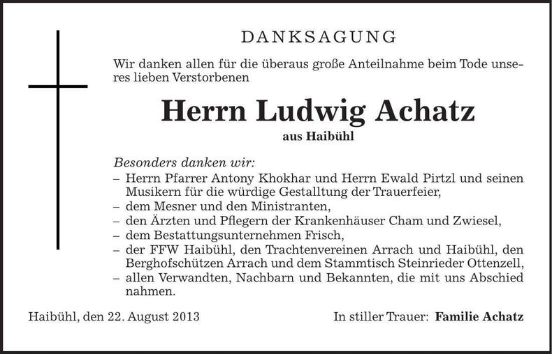 Traueranzeige Ludwig Achatz