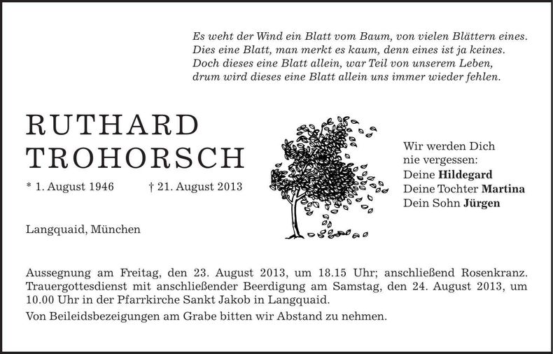 Traueranzeige Ruthard Trohorsch